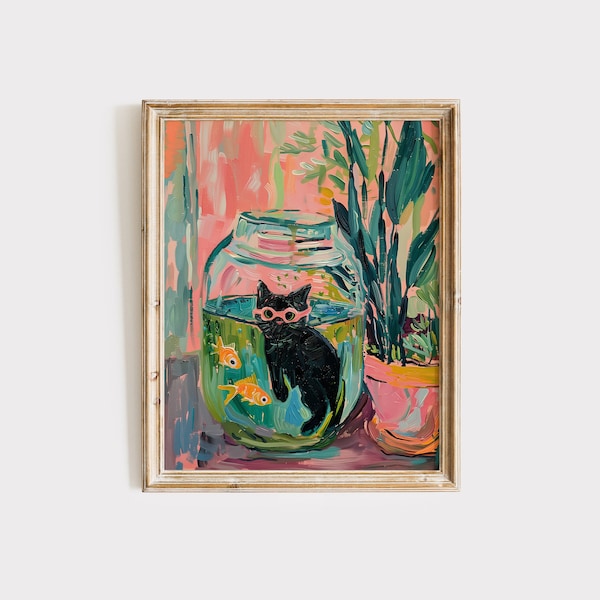 Poster of Matisse Goldfish With Cat, Printable Matisse, Black Cat Painting, Black Cat Poster, Black Cat Henri Matisse Print, Black Cat Art