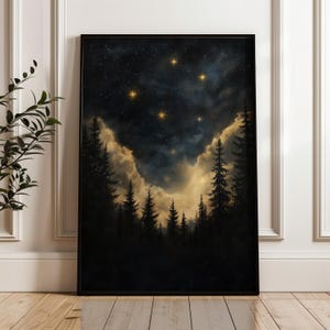 Vintage Bezaubernder Sternendruck - Celestial Star Print | Sternenklare Nacht & Nachthimmel Kunst | Himmlischer Mond Poster | Gold-Ölgemälde