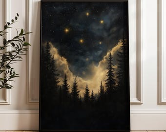 May include: A rectangular framed wall art print featuring a dark night sky filled with glowing golden stars above a silhouette of a dense pine forest. Soft, illuminated clouds drift between the dark tree tops, creating a contrast.