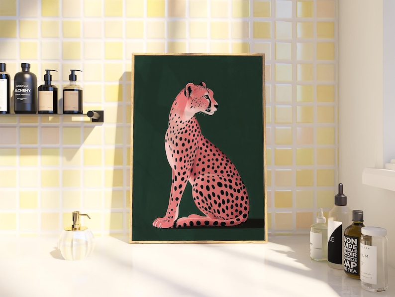 Konsttryck med rosa gepard | Grön maximalistisk heminredning (digital nedladdning) bild 10