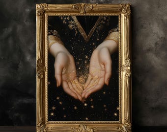 Stardust Hands Print, Celestial Wall Art, Mystic Galaxy Poster, Spiritual Decor, Gold Star Aesthetic, Dark Fantasy Art
