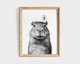 Capybara Bathroom Art Print, Funny Toilet Paper Animal (Digital Download)