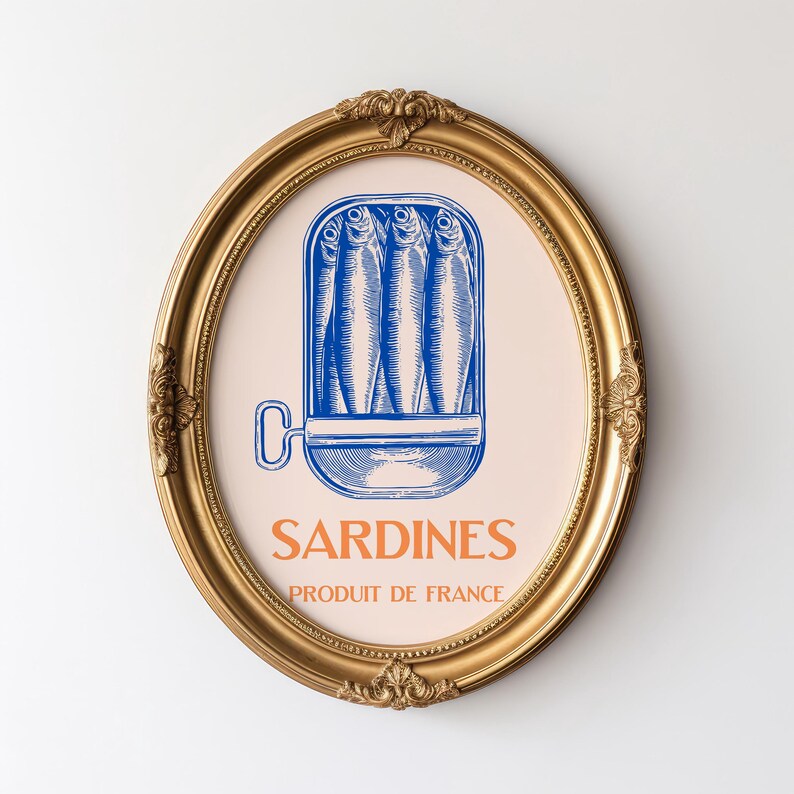 Vintage Sardines Wall Art, French Kitchen Poster, Retro Food Illustration, Blue Nautical Pantry Decor (Digital Download) image 8