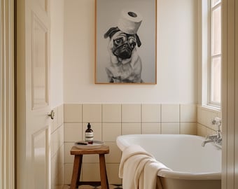 Pug Bathroom Wall Art Funny Dog Toilet Paper Print Black White Pet Portrait Humor Restroom Decor Digital Download Pug Lover Gift Idea