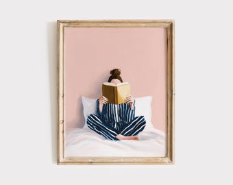 Woman Reading in Bed Poster, Book Lover Wall Art Print, Reading Nook Library Decor, Bookworm Printable Art, Cozy Bedroom Art, Bookworm Print