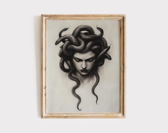 Impresión digital de Medusa, retrato de mitología oscura, decoración de diosa griega gótica, obra minimalista en blanco y negro.