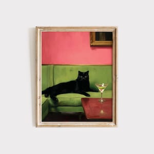 黒猫とカクテルのアートプリント | キュートで風変わりな気まぐれ | カクテルアート バーカート装飾 | ファインアートプリントギフト | 黒猫とカクテルのアートプリント