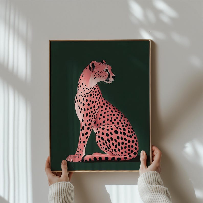 Konsttryck med rosa gepard | Grön maximalistisk heminredning (digital nedladdning) bild 8