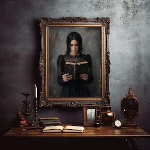 Victorian Woman Reading Bookish Wall Art Print, Librariancore Wall Art, Dark Academia Decor, Moody Reading Nook Painting, Book Lover Gift