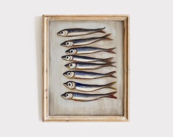 Vintage Sardines Wall Art Print, Coastal Fish Poster, Nautical Kitchen Decor, Minimalist Seafood Illustration