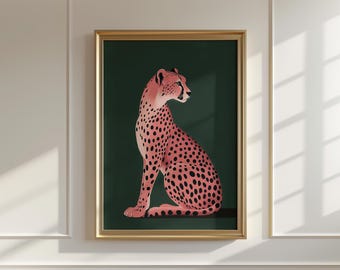 Pink Cheetah Art Print | Green Maximalist Home Decor (Digital Download)