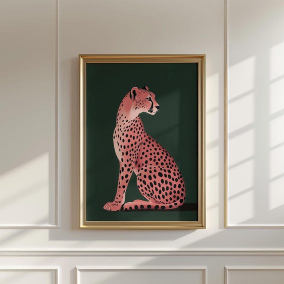 Pink Cheetah Art Print | Green Maximalist Home Decor (Digital Download)