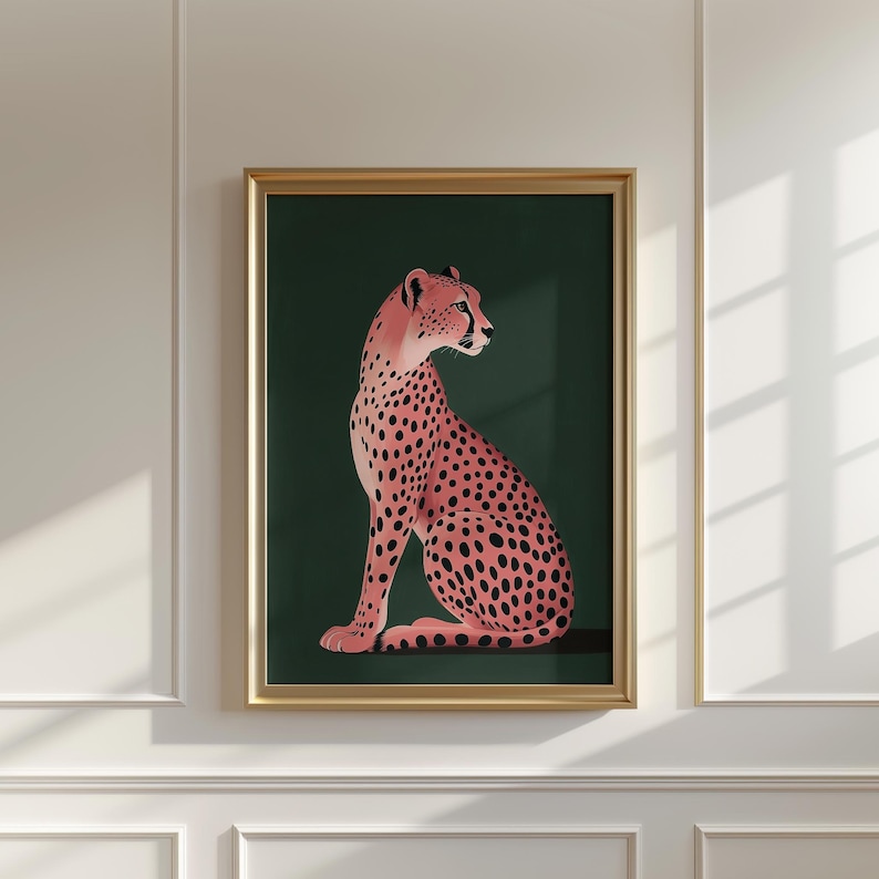 Konsttryck med rosa gepard | Grön maximalistisk heminredning (digital nedladdning) bild 1