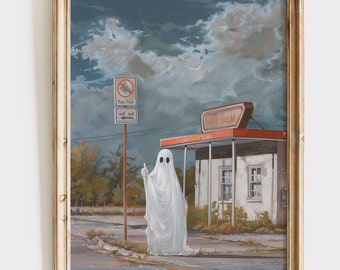 Hitchhiking Ghost Art Print, Funny Halloween Print, Dark Academia Whimsigoth Decor (Digital Download)