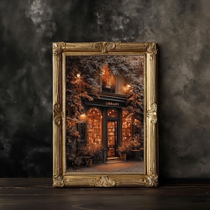 May include: A framed print of a library exterior, featuring a black awning with the word "LIBRARY" in white. The print has a gold ornate frame. The library's entrance is illuminated, showcasing bookshelves and warm lighting, surrounded by lush greenery.