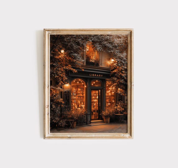 Cozy Library Wall Art Print, Vintage Bookstore Decor, Moody Autumn Street Scene, Book Lover Gift, Literary Home Office Artworkm, Digital Art