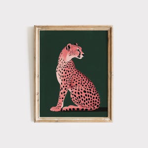 Konsttryck med rosa gepard | Grön maximalistisk heminredning (digital nedladdning) bild 7