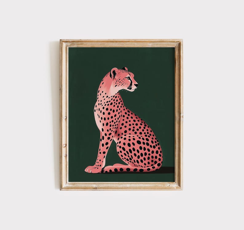 Konsttryck med rosa gepard | Grön maximalistisk heminredning (digital nedladdning) bild 7