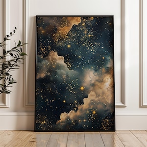 Stimmungsvoller Himmlischer Druck - Dark Academia Decor | Sternenklare Nacht & Nachthimmel Kunst | Abstrakter Gothic Druck | Gold-Ölgemälde Digitaler Download