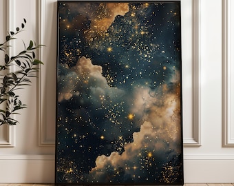 Moody Celestial Print - Dark Academia Decor | Starry Night & Night Sky Art | Abstract Gothic Star Print | Gold Oil Painting Digital Download
