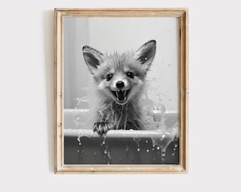 Fuchs in der Badewanne Poster | "Schwarz und weiß Badezimmer Tier Kunst (Digitaler Download)"