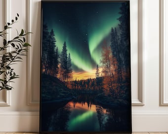 Aurora Borealis Wall Art, Northern Lights Landscape Painting, Night Forest Decor, Scandinavian Nature Art