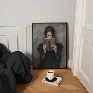 Victorian Woman Reading Bookish Wall Art Print | Moody Reading Nook Painting | Librariancore Wall Art | Dark Academia Art | Book Lover Gift