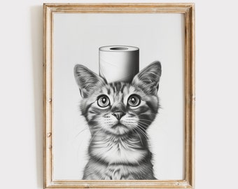 Art mural chat drôle, illustration de chat en papier toilette, décoration de salle de bain minimaliste, cadeau pour amoureux des animaux de compagnie