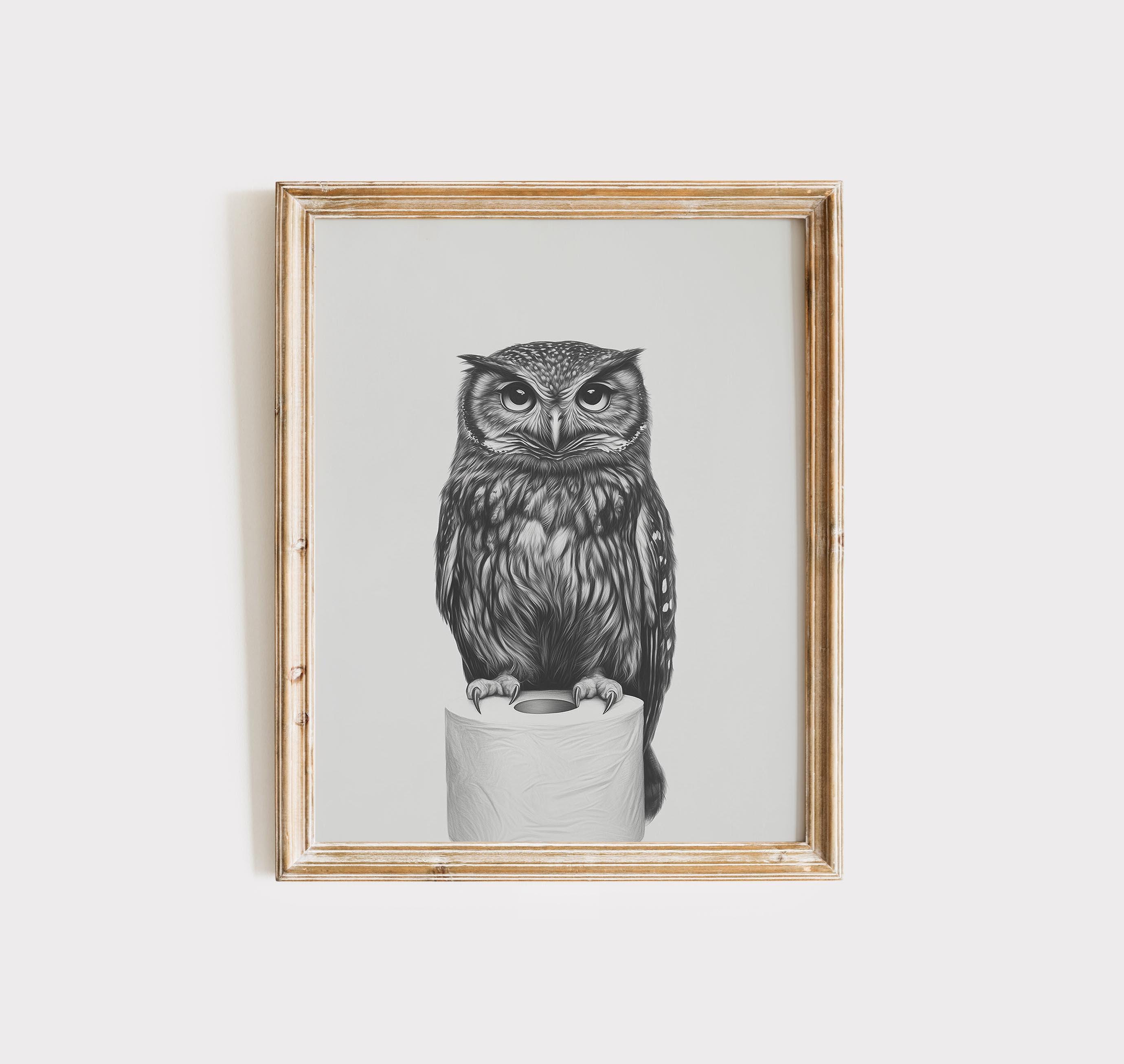 Owl Bathroom Wall Art Print, Funny Bathroom Decor, Black and White Owl Illustration, Modern Bathroom