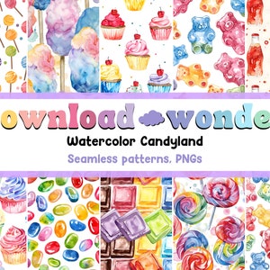 Op de afbeelding: Een set van 10 naadloze aquarelpatronen met verschillende snoepjes en zoetigheden, waaronder lollies, cupcakes, gummyberen, jelly beans, suikerspin, chocolade repen en frisdrankflessen. De patronen zijn perfect voor het maken van digitale of gedrukte ontwerpen voor scrapbooking, inpakpapier, stof en meer.