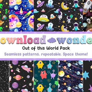 May include: A collection of seamless space-themed patterns. The designs feature aliens, rockets, planets, astronauts, and constellations. The text "download wonder" and "Out of this World Pack" are also visible.
