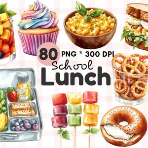 Clip Art de Merenda Escolar em Aquarela, Download de Cafeteria, Decoração de Sala de Aula, Crianças, Uso Comercial