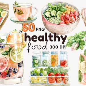 Peut inclure: Une collection de 50 illustrations d'aliments sains à l'aquarelle, comprenant des fruits, des légumes et des boissons. Les illustrations sont de style réaliste et présentent des couleurs vives. Le texte "50 PNG healthy food 300 DPI" est inclus dans l'image.