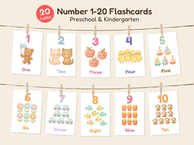 Kawaii Number Flashcards 1-20 – Printable Counting Cards (PDF) image 1