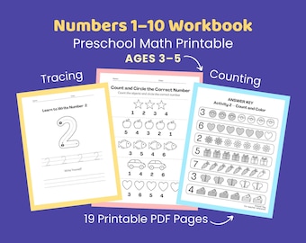 Preschool Number Workbook 1-10, Number Tracing Worksheets, Counting Activities, Kindergarten Math Printable PDF