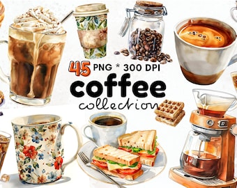 Watercolor Coffee Clipart Set, Cafe & Coffee Shop Graphics, PNG for Small Business Commercial Use