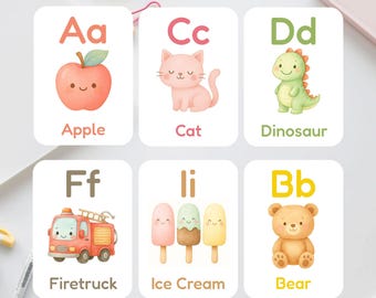 Pastel ABC Flashcards, Kawaii Alphabet with Illustrations, Digital Download PDF JPG 5x7