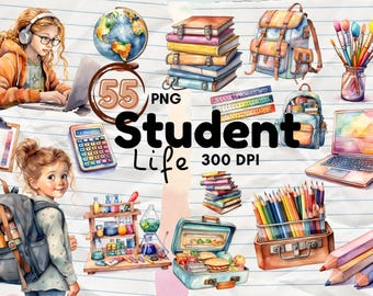 Student Clipart Set, School Supplies & Stationery, Education PNG for Small Business Commercial Use