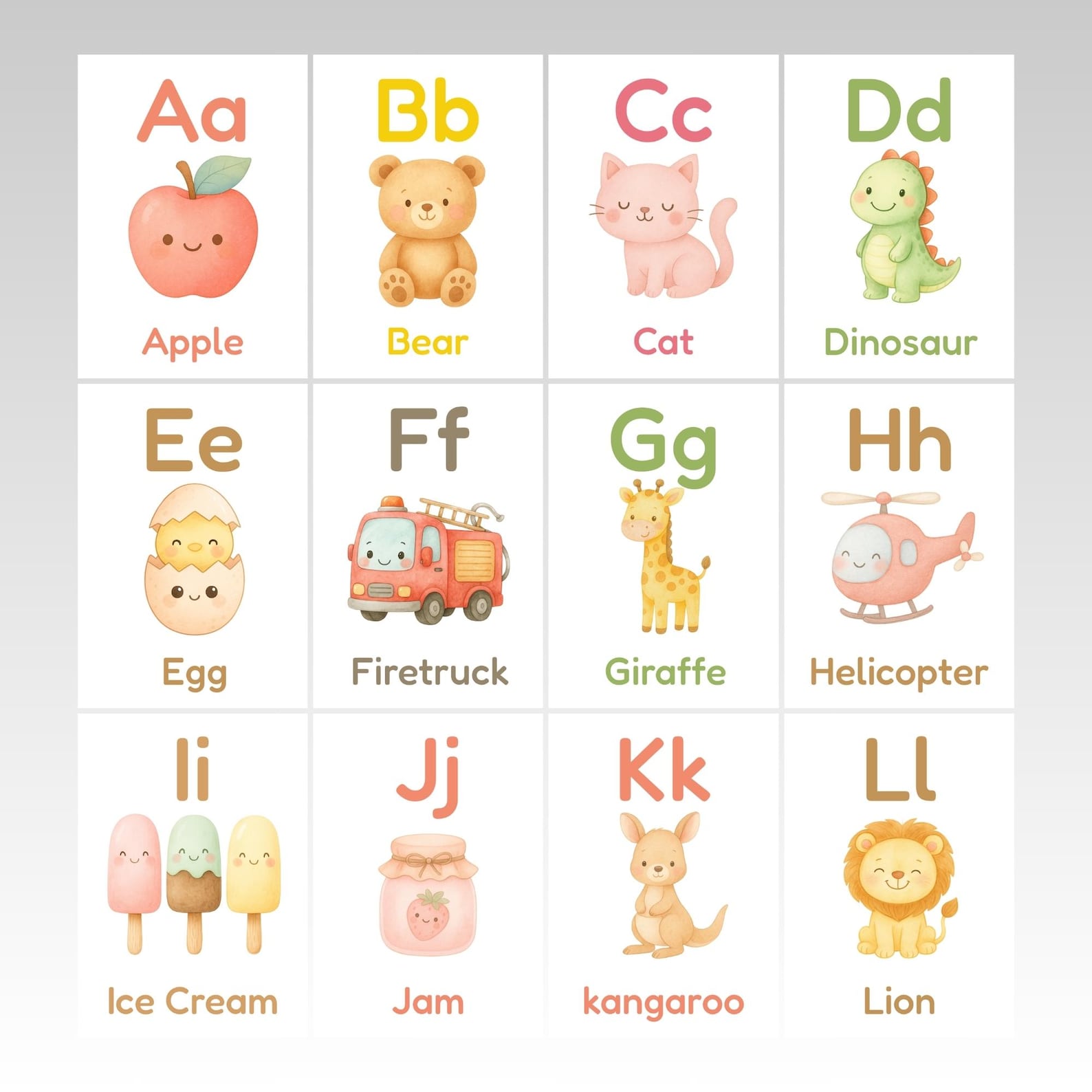 Pastel ABC Flashcards, Kawaii Alphabet With Illustrations, Digital ...