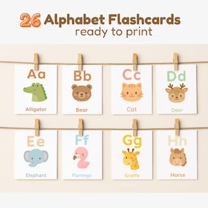 Flashcards do alfabeto de animais Kawaii de A a Z – para impressão 5x7” | Cartões fofos em tons pastel para pré-escola e crianças pequenas | Download digital