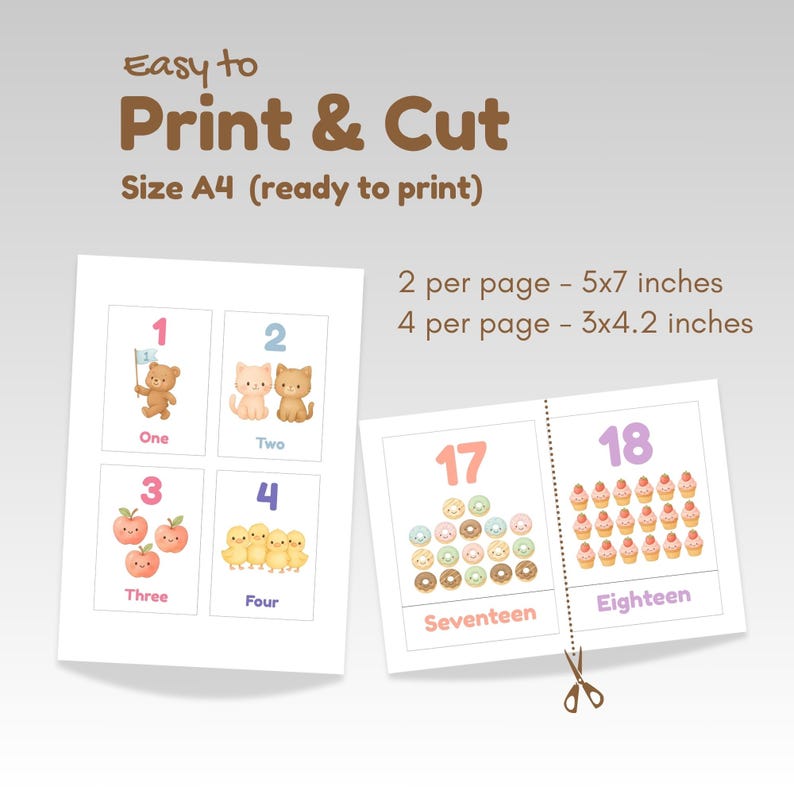 May include: Printable educational cards featuring numbers 1-4 with cute animal illustrations and the words "One," "Two," "Three," and "Four." Additional cards show numbers 17 and 18 with donuts and cupcakes. The text "Easy to Print & Cut" is displayed.