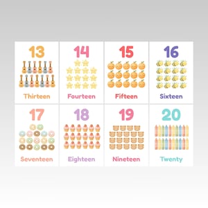 May include: A set of eight educational flashcards featuring numbers 13 through 20. Each card displays a number, its word form, and a corresponding illustration of objects like ukuleles, stars, oranges, bees, donuts, cupcakes, bears, and crayons.