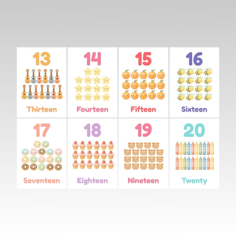 May include: A set of eight educational flashcards featuring numbers 13 through 20. Each card displays a number, its word form, and a corresponding illustration of objects like ukuleles, stars, oranges, bees, donuts, cupcakes, bears, and crayons.