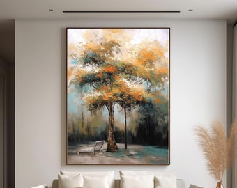 Large tree oil painting green texture oil painting landscape oil painting office corridor wall art decor bedroom living room decor home gift