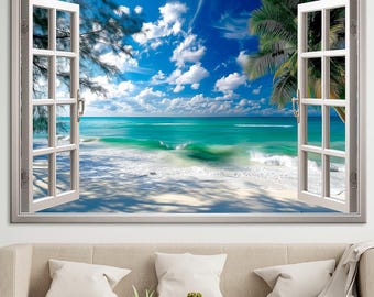 May include: A framed wall art piece depicting a tropical beach scene viewed through an open window. The artwork showcases a vibrant blue sky with fluffy white clouds, turquoise water, and a sandy beach. Palm trees and window frames are visible.