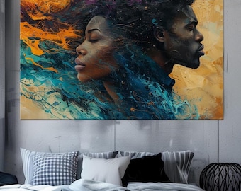 Afrocentric Couple Canvas Print: Black Love, Modern Living Room Art