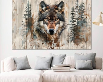 Impression sur toile portrait de loup : décoration murale pin rustique