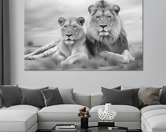 Lion Couple Canvas Wall Art: Black and White Wildlife Print