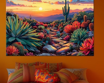 May include: A vibrant desert landscape painting featuring a stone path winding through cacti and succulents under a sunset sky. The artwork hangs above a bed with colorful textiles, pillows, and a patterned rug, creating a warm, inviting atmosphere.