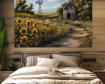 Sunflower Field Landscape Canvas Print: Rustic Farmhouse Wall Art, Ready to Hang